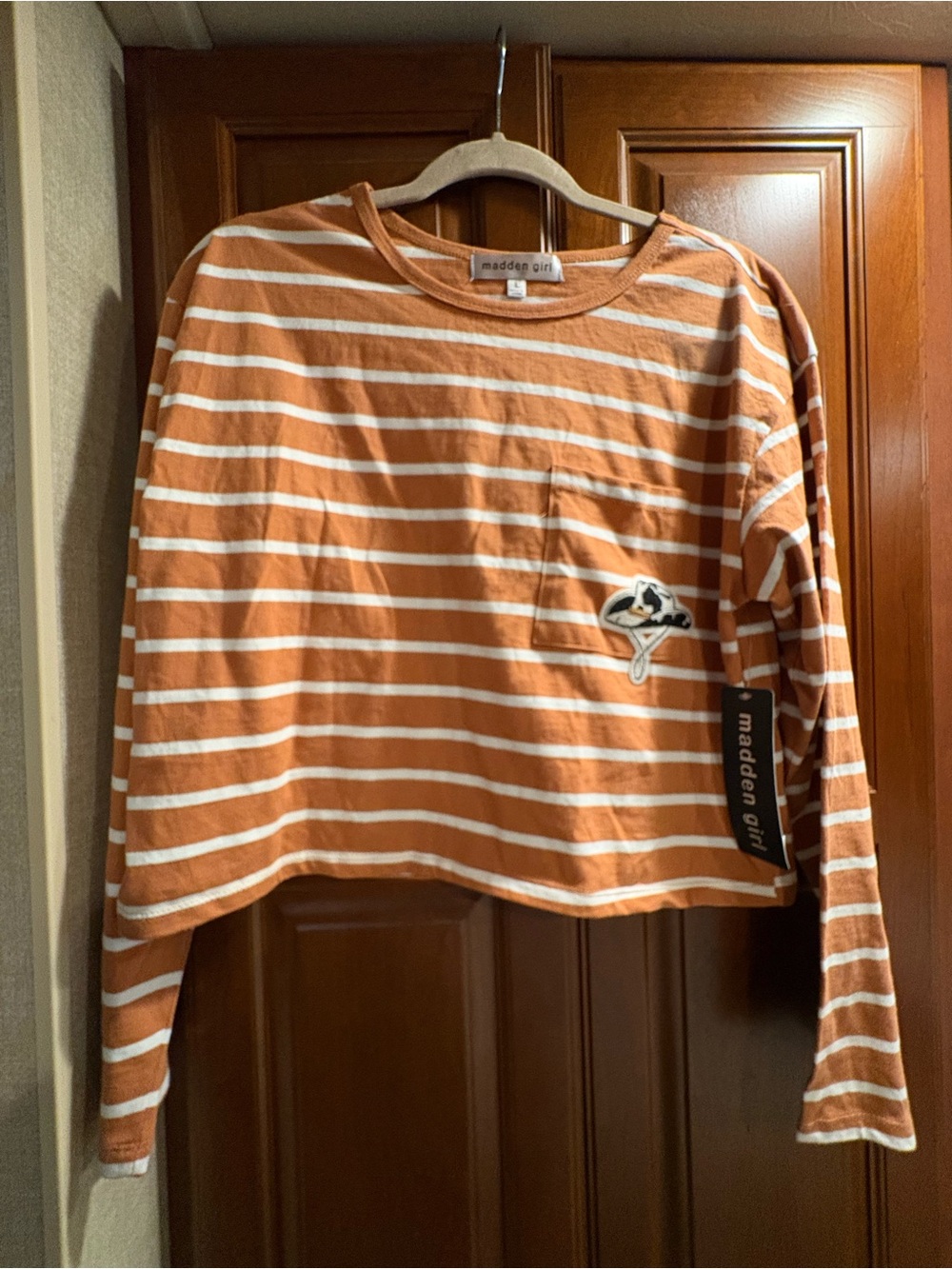 Madden Girl Orange & White Striped Crop Long-Sleeve Tee